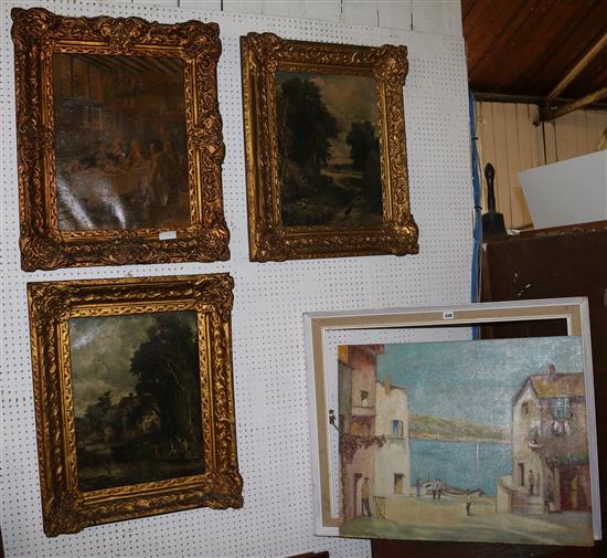 Oil - Mediterrean harbour & 3 gilt framed oileographs